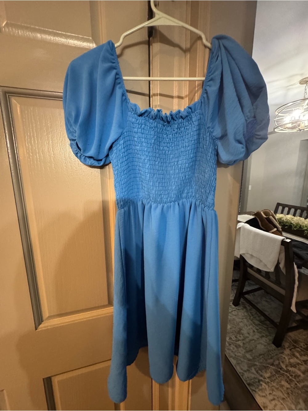 Altar'd State Blue Smocked Midi Dress with Puff Sleeves